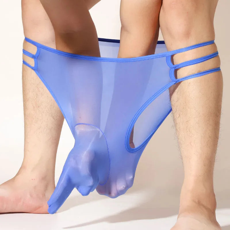Men's transparent nylon elephant nose shorts in multiple colours on a white background.