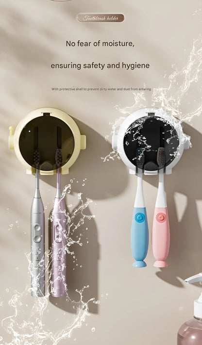 Cartoon wall-mounted no-drilling toothbrush holder in pink, white, and yellow for bathroom storage