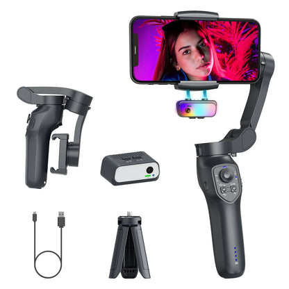 Foldable handheld phone gimbal stabiliser in gun colour on a table.