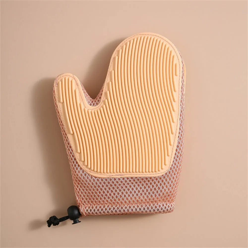 Dark blue pet grooming glove with textured TPR rubber nubs for removing hair from dogs, cats, and furniture.