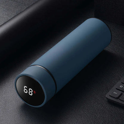Stainless steel water bottle with double-wall vacuum insulation, shown in black, red, gold, and blue colour options.