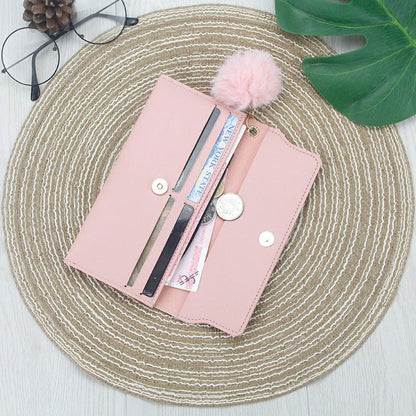 Ladies Long Hair Ball Bow PU Leather Purse in various colors with magnetic buckle