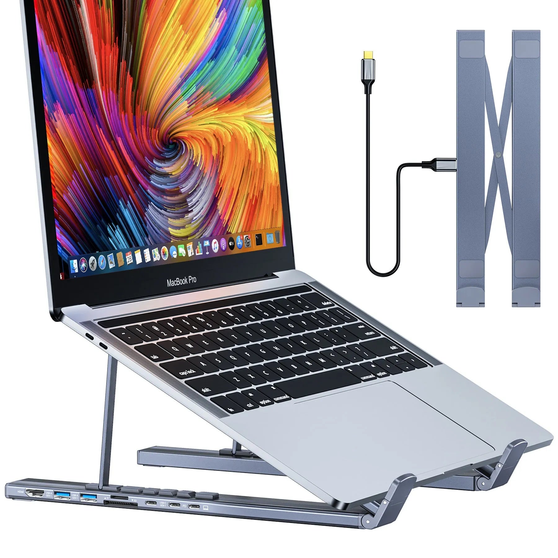Aluminium alloy folding laptop docking station with multiple ports including HDMI, measuring 24.75cm