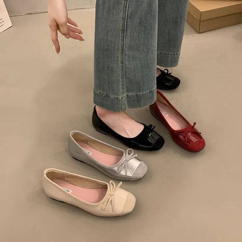 Retro women's ballet pumps with square toe and bow detail in four colour options