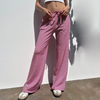 Stylish women's striped pants in various colors with a casual, Y2K-inspired design