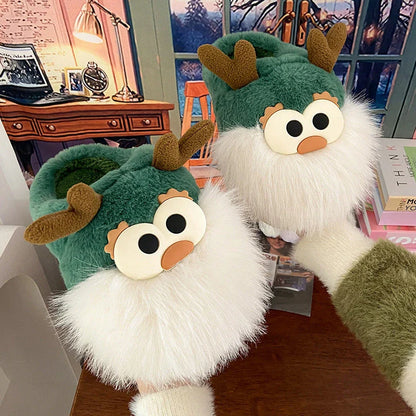 Cozy Cartoon Deer Slippers with Plush Fabric, Thick EVA Soles, and Whimsical Design for Comfortable Indoor Wear