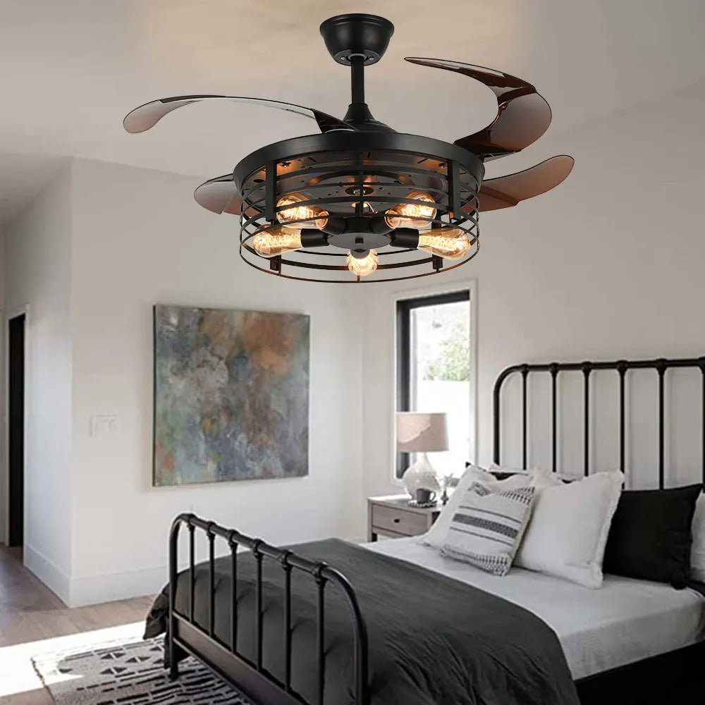 Industrial American retro ceiling fan lamp with 42-inch acrylic blades and remote control on wooden table