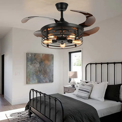 Industrial American retro ceiling fan lamp with 42-inch acrylic blades and remote control on wooden table
