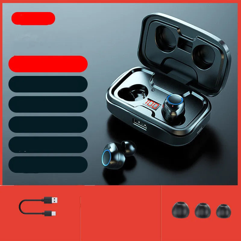 Wireless in-ear earphones with private mould design in black, blue, and red colour options showing Bluetooth connectivity