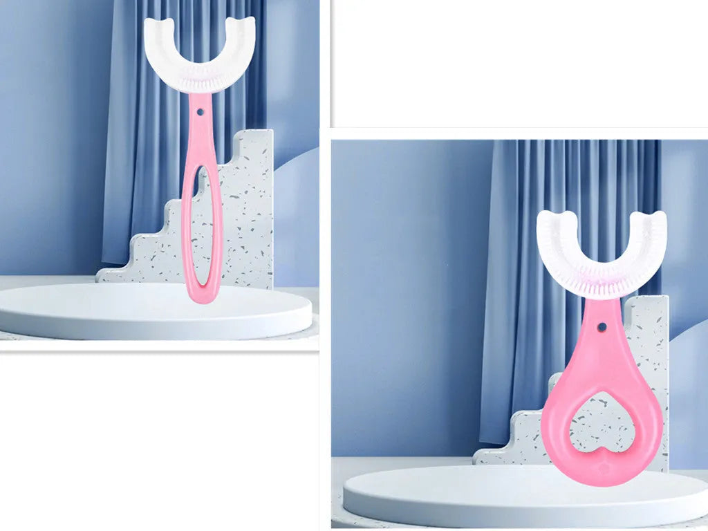 Children's U-shaped soft rubber toothbrush in pink and blue colours.