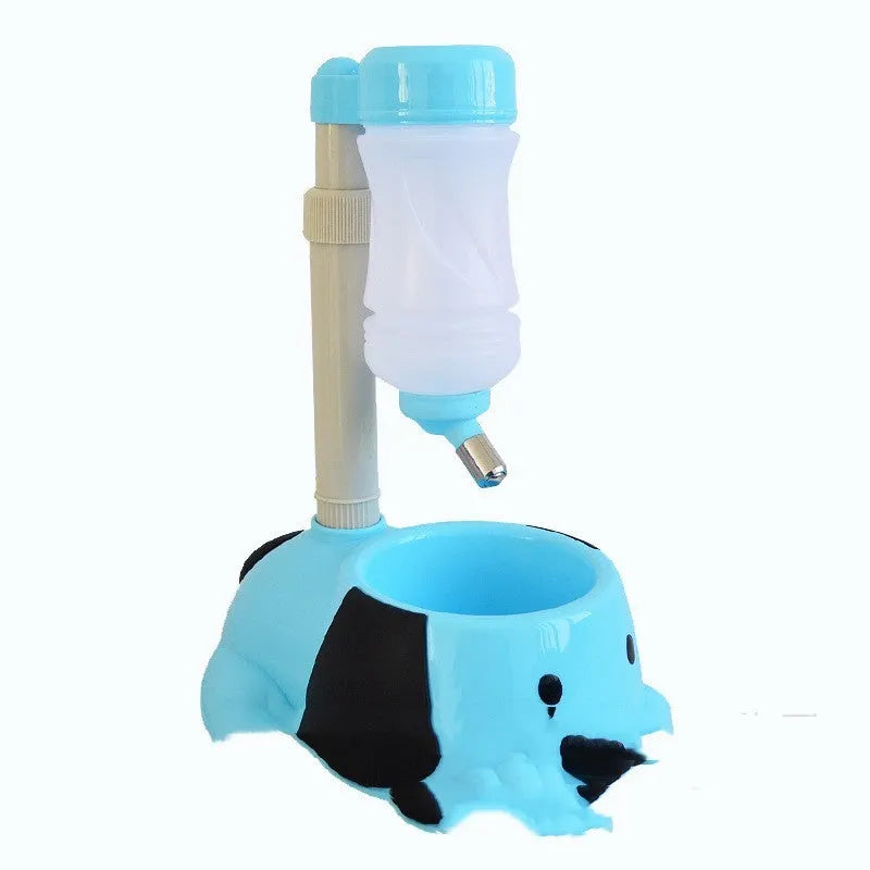 Adjustable height pet drinking bowl in blue, pink, and yellow colours with rod lifting mechanism