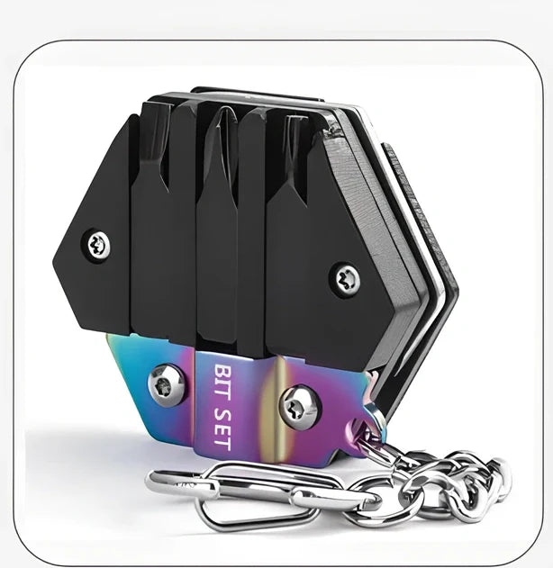 Black multifunctional hexagon keychain knife, 38mm x 13mm stainless steel tool with 2cm blade and key ring