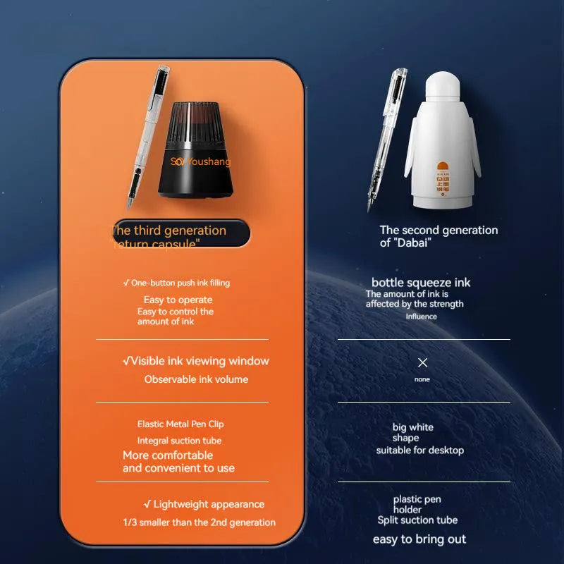 Automatic suction pen set with plastic construction and choice of pen heads for student and office writing