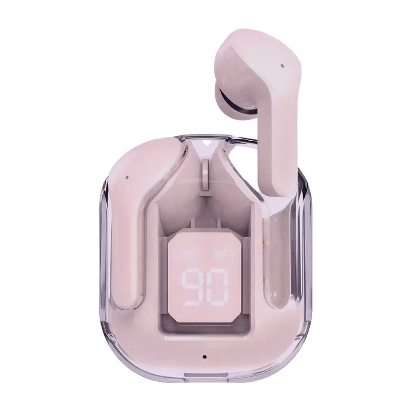 True wireless Bluetooth headset with transparent case capsule design available in black, white, light blue, green or peach colours featuring a digital display screen and a 15-metre transmission range for music and calls