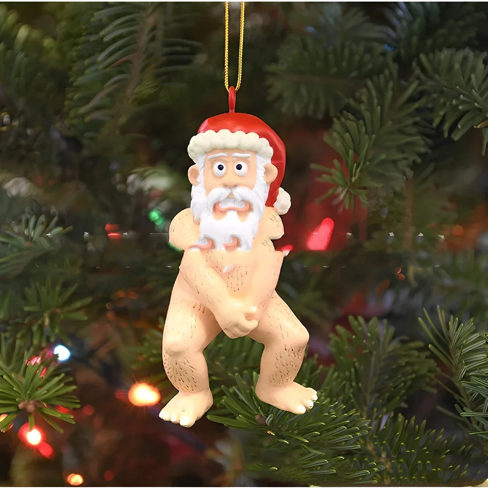 Naked Santa Claus resin decoration measuring 10cm tall with three-dimensional design and flat acrylic backing