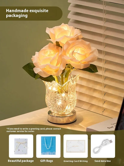Modern crystal flowers design rechargeable touch table lamp with dimming control on a bedside table.