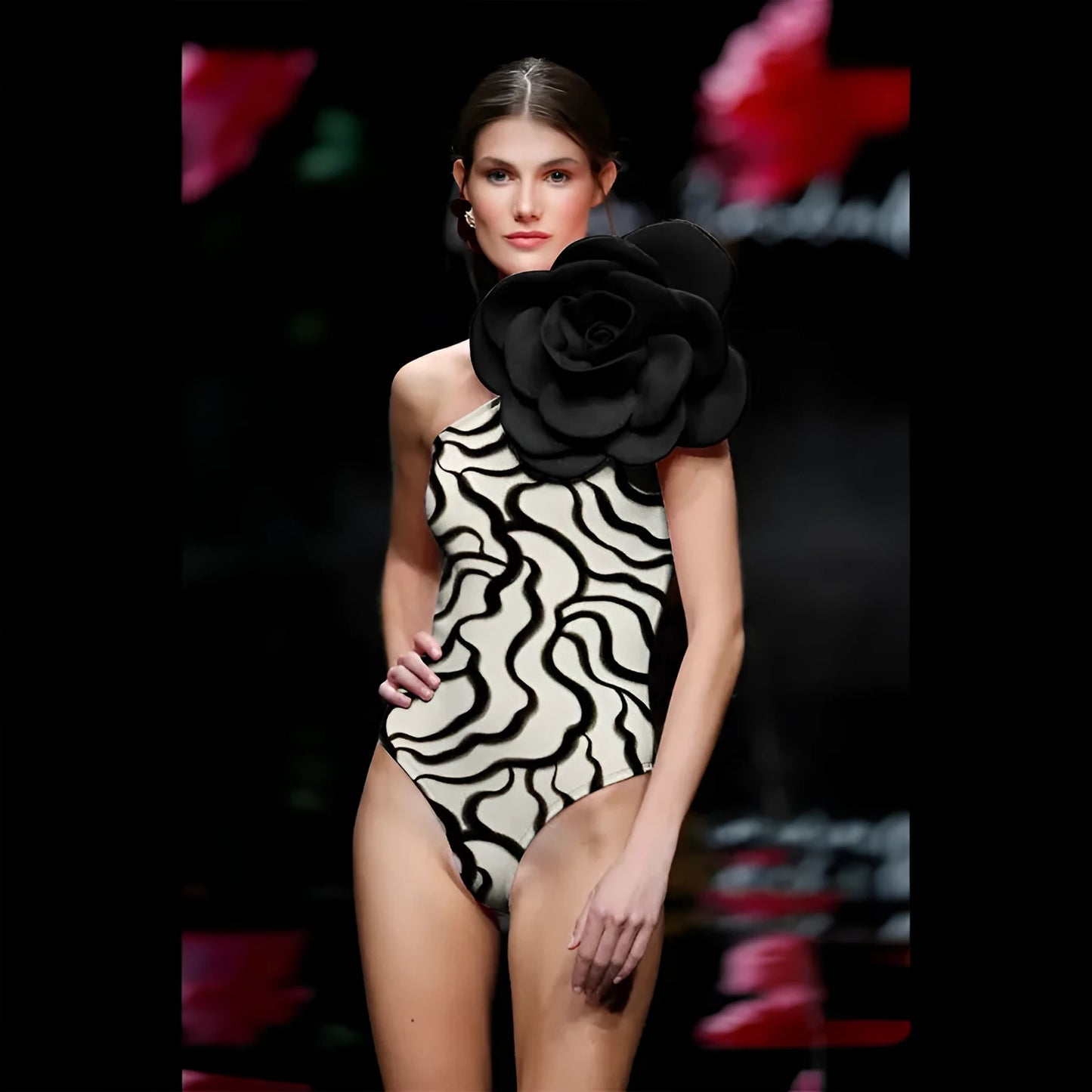 One-piece swimsuit with three-dimensional flower pattern in European and American fit.