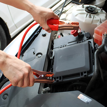 Black and red 500A car battery clip emergency kit with 2 metre PVC cables in OPP storage bag