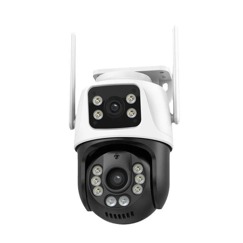 Outdoor wireless surveillance camera with binocular lens and a separate dual-screen remote monitor.