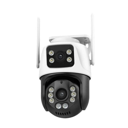 Outdoor wireless surveillance camera with binocular lens and a separate dual-screen remote monitor.