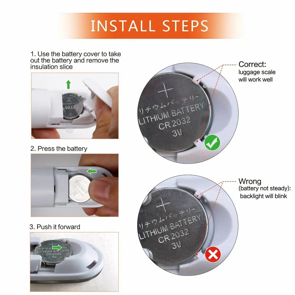 Silver digital luggage scale with LCD display showing weight measurement and integrated hanging belt