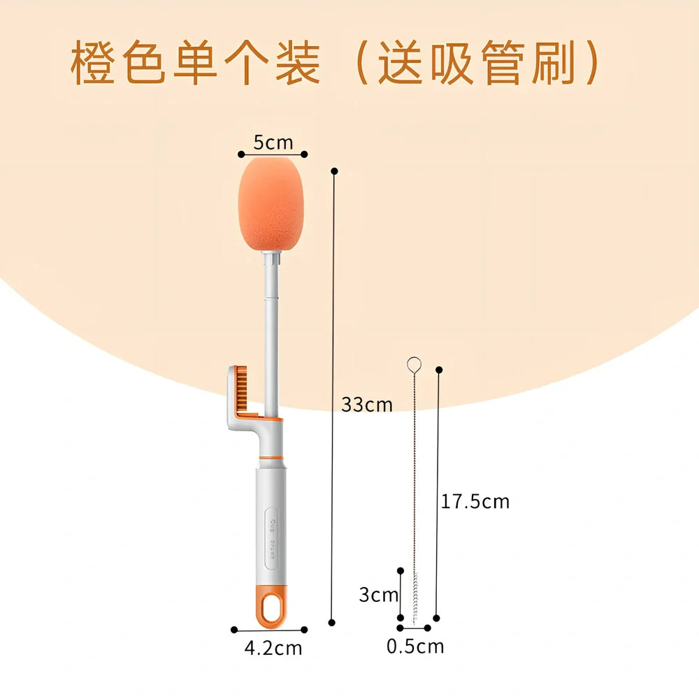 Long handle cup brush with 30cm reach for cleaning narrow bottles in orange and army green colours