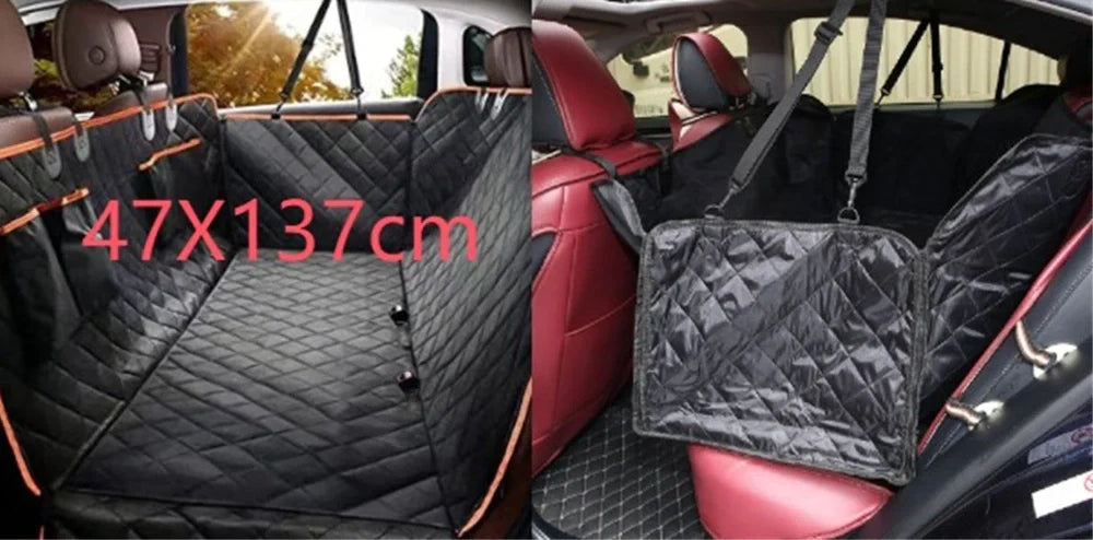 Waterproof dog car seat cover showing 137×147cm dimensions and safety exit design with car seatbelt buckle