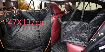 Waterproof dog car seat cover showing 137×147cm dimensions and safety exit design with car seatbelt buckle