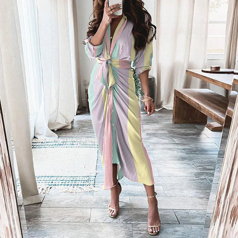 Elegant Floral Print Lace-Up Maxi Dress with Deep V-Neck, Long Sleeves, and Flattering Silhouette