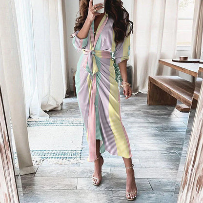 Elegant Floral Print Lace-Up Maxi Dress with Deep V-Neck, Long Sleeves, and Flattering Silhouette