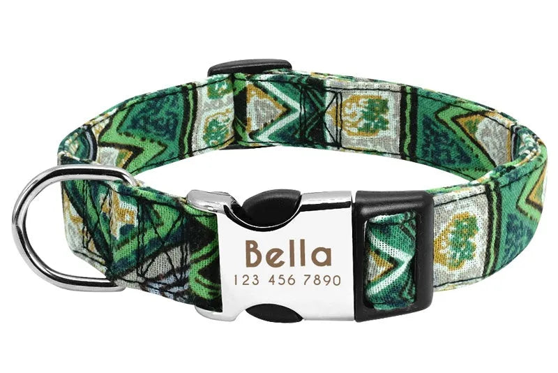 Reflective dog collar in orange or army green with wave point pattern, polyester and alloy metal, adjustable for small to large dogs