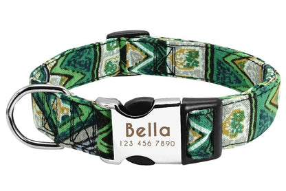 Reflective dog collar in orange or army green with wave point pattern, polyester and alloy metal, adjustable for small to large dogs