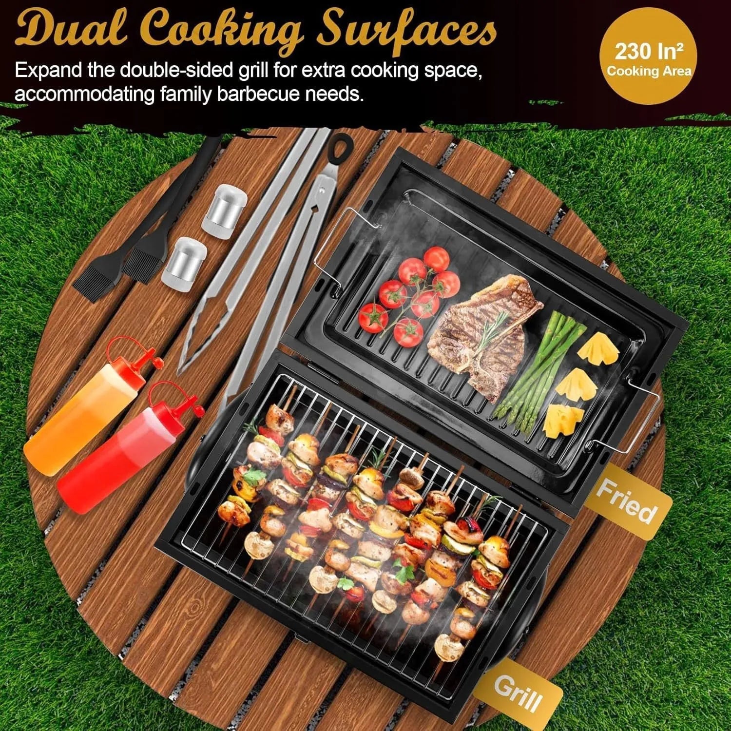 Small folding desktop charcoal barbecue showing 25cm cooking surface and compact 5cm folded thickness