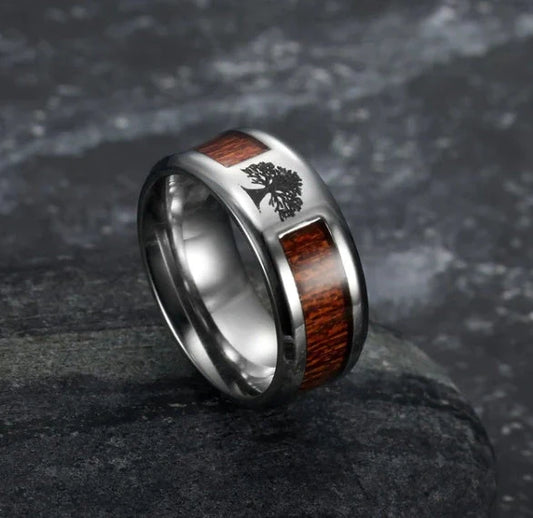 Handcrafted stainless steel Celtic Tree of Life wedding ring with wood inset