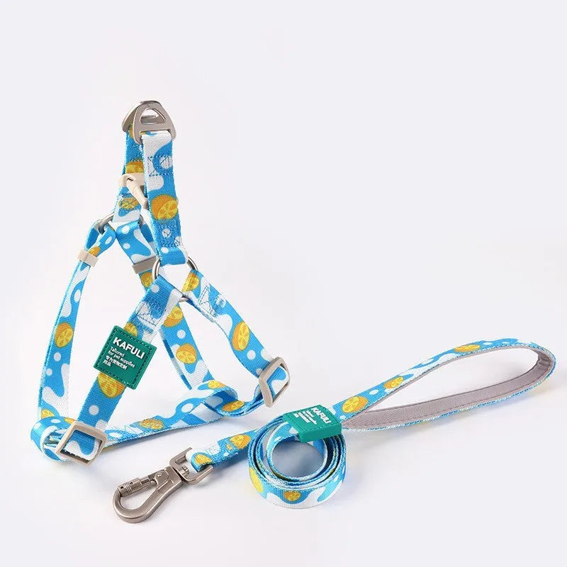 Polyester dog haulage vest with matching lead rope in blue, pink or green