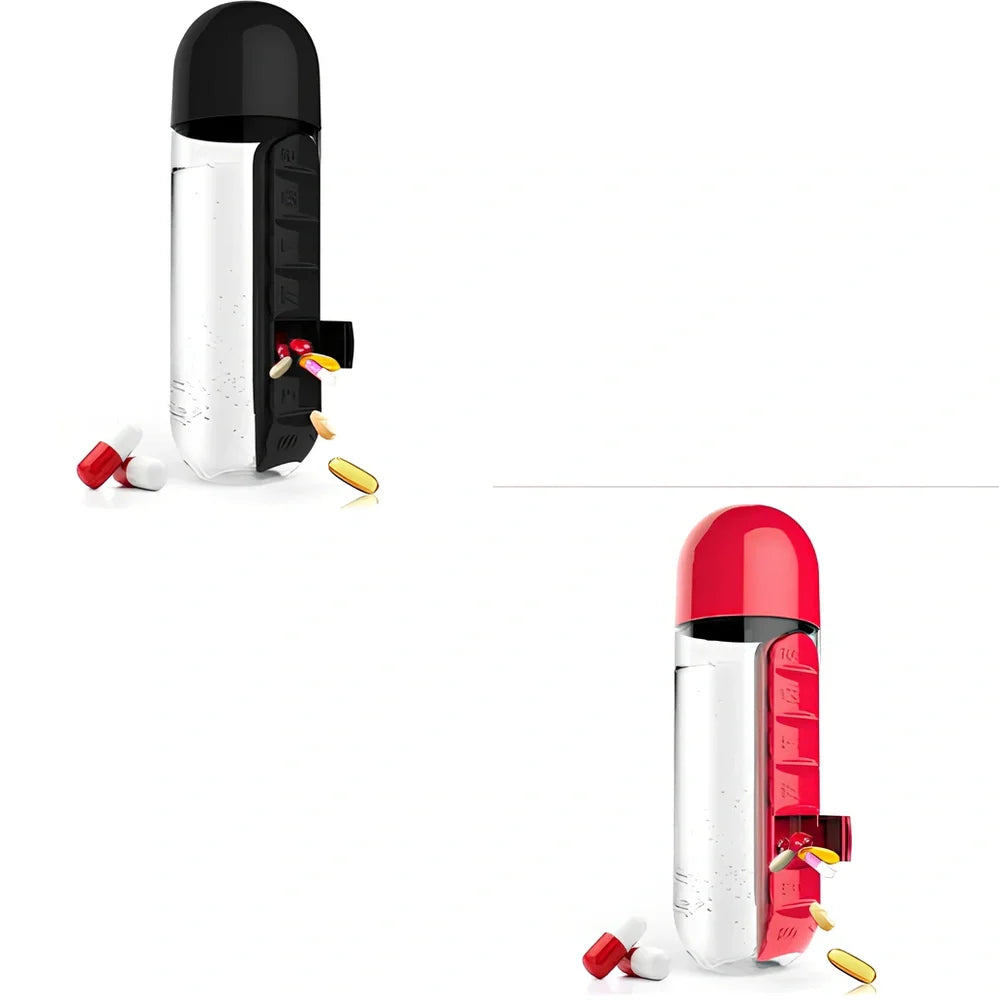 Two-in-one water cup with attached 7-day pill organiser showing daily compartments and screw-top lid