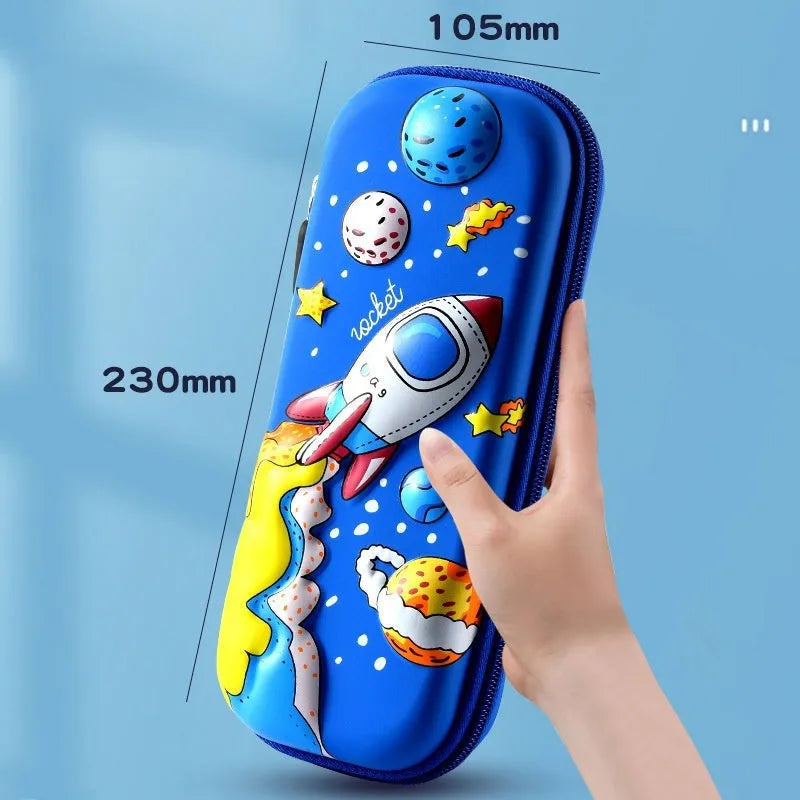 Leather 3D pencil case showing design themes: dinosaur, astronaut, mermaid, unicorn, and spaceship.
