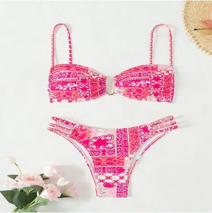 Women's floral bikini swimsuit set with high-waisted briefs in solid colours
