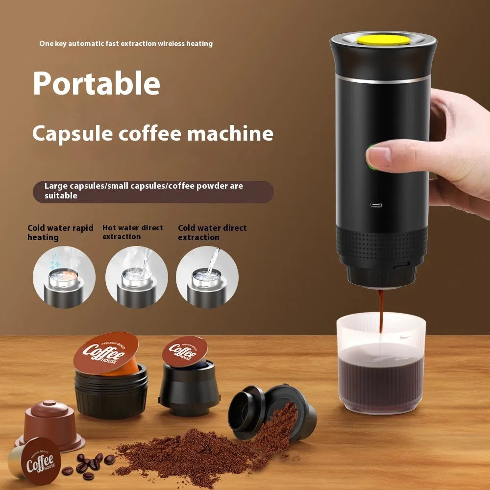 Portable 3-in-1 espresso machine in black showing ground coffee and capsule compartments with USB cable