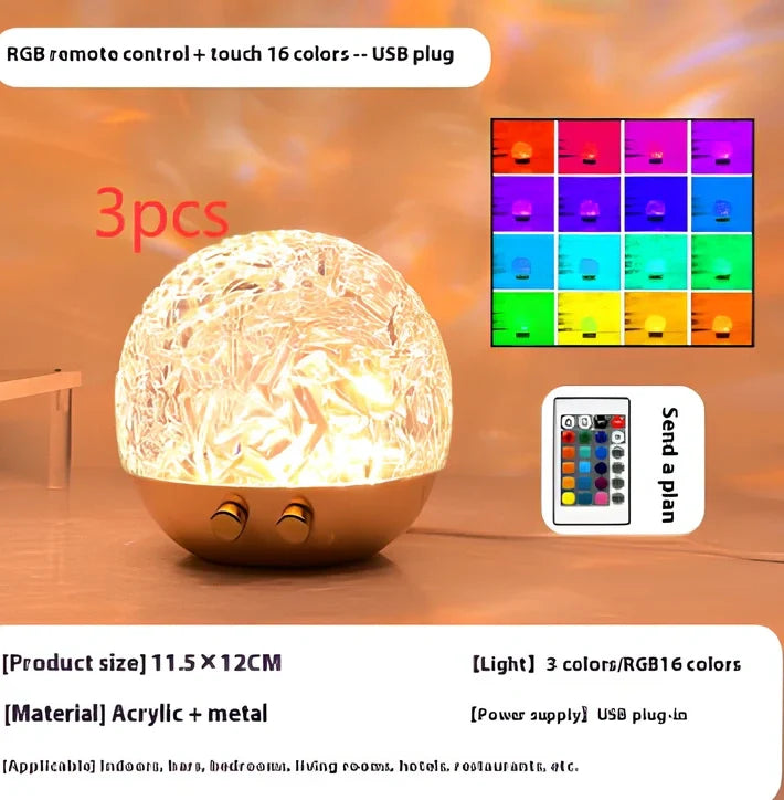Spherical water ripple projector night light with touch controls creating colourful aurora patterns on wall