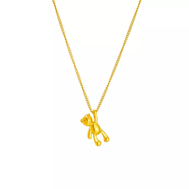 Cartoon bear pendant necklace with titanium steel chain, gold finish, adjustable 41cm to 50cm