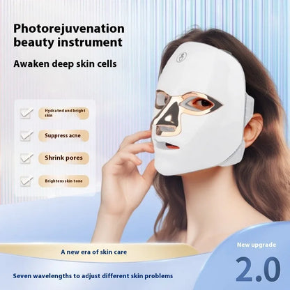 White golden edge LED beauty mask with manual touch controls and fixing strap for facial treatments