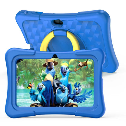 Blue 7-inch children's educational tablet with silicone protective cover and rotation handle bracket showing screen