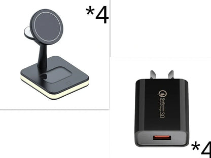 Black three-in-one wireless charger magnetic bracket on a desk charging multiple devices