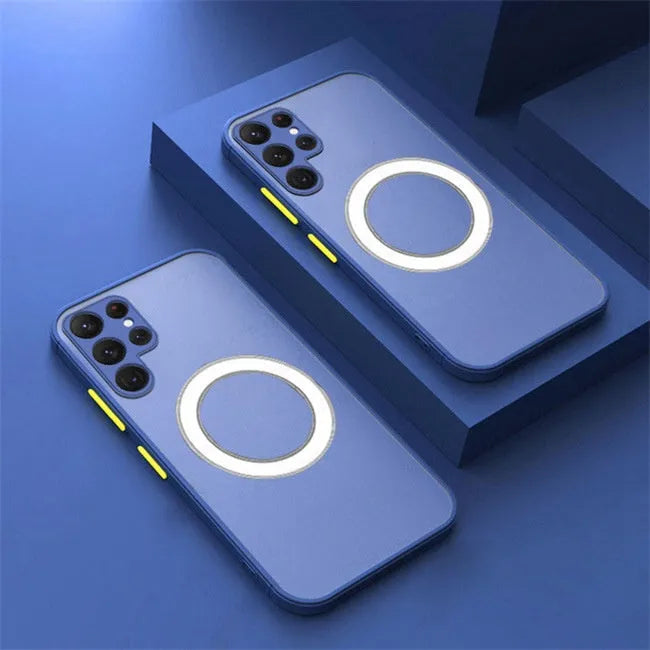 Samsung phone case with magnetic suction, frosted hard PC back and soft TPU edges in black, blue, red, or green.