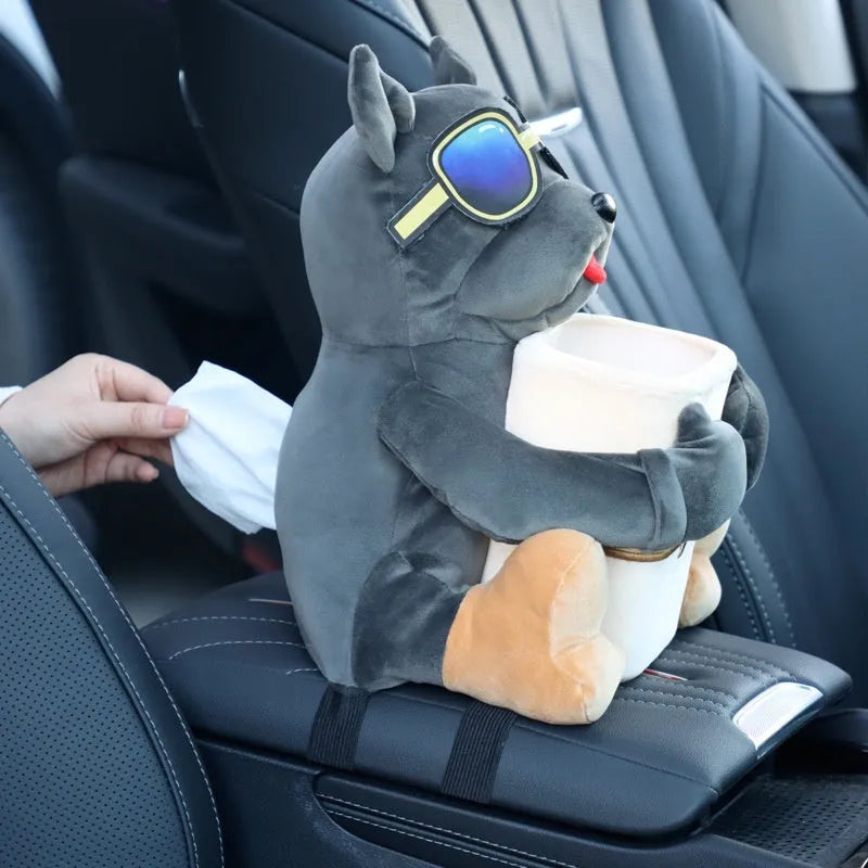 Plush car tissue box hanging from flip armrest with character design options