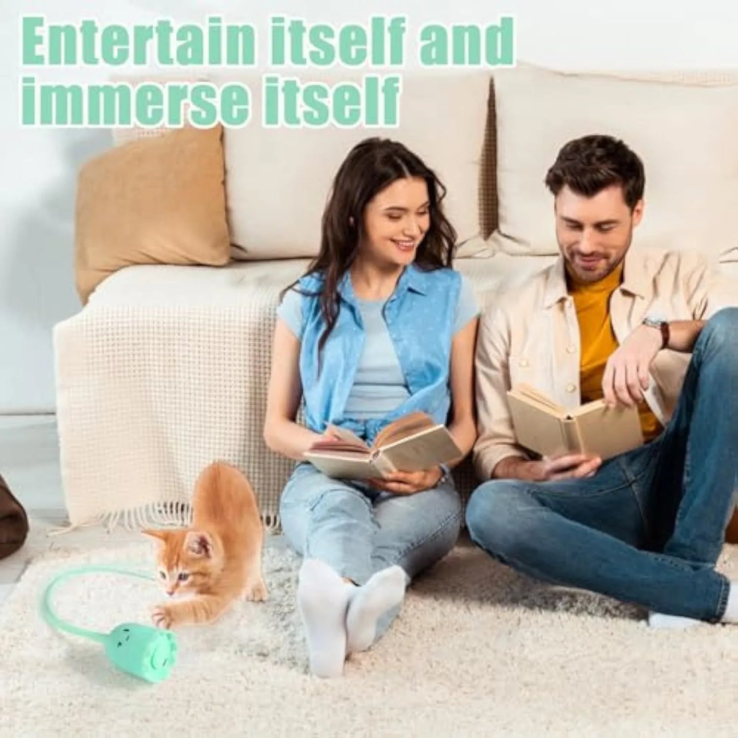 Green automatic electronic cat wand toy with silicone tails moving, placed on a carpet.