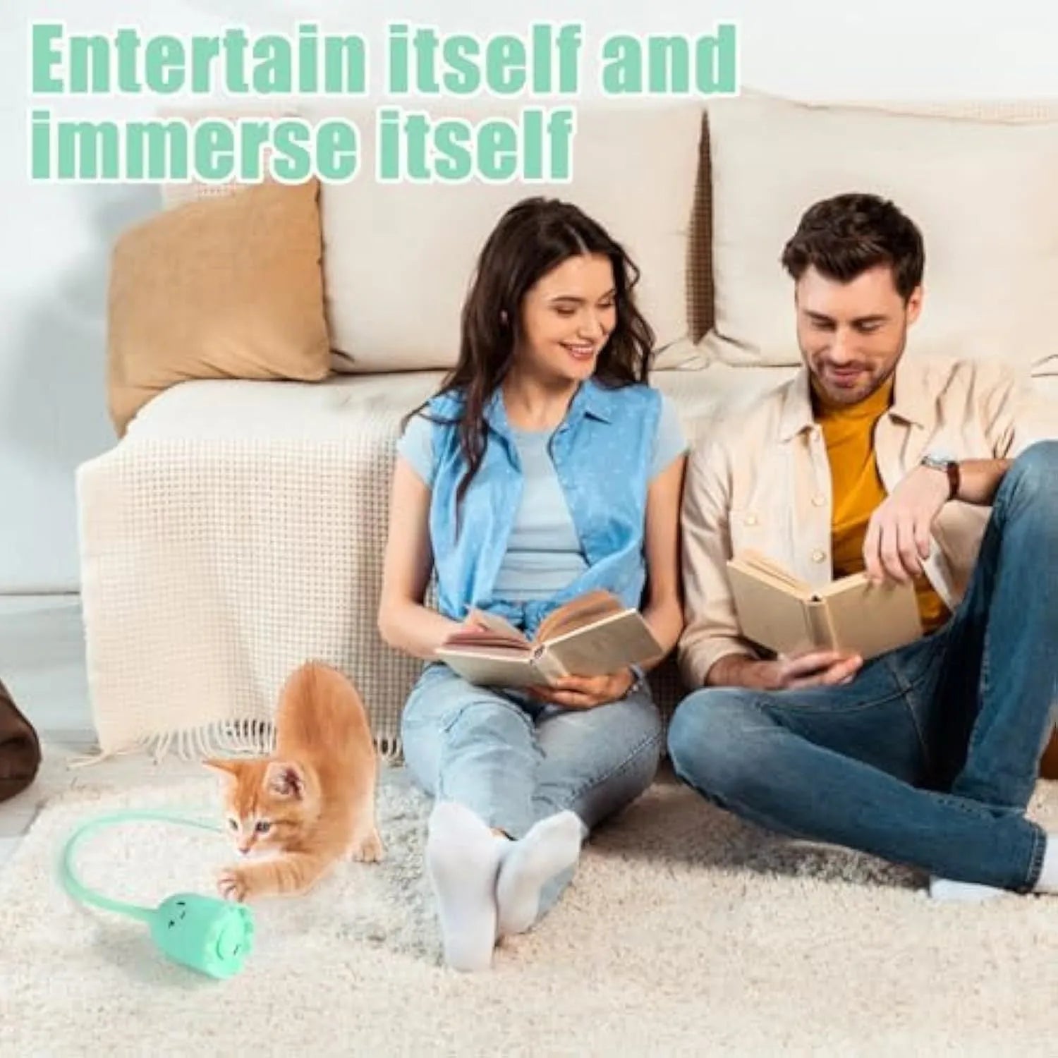 Green automatic electronic cat wand toy with silicone tails moving, placed on a carpet.