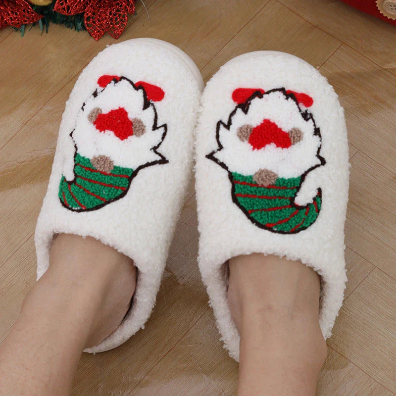 Cozy Santa Claus-themed plush slippers with soft, short-pile fabric and durable TPR soles for indoor wear and holiday cheer