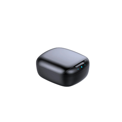 Black and white TWS Bluetooth headphones with USB charging case showing wireless earbuds